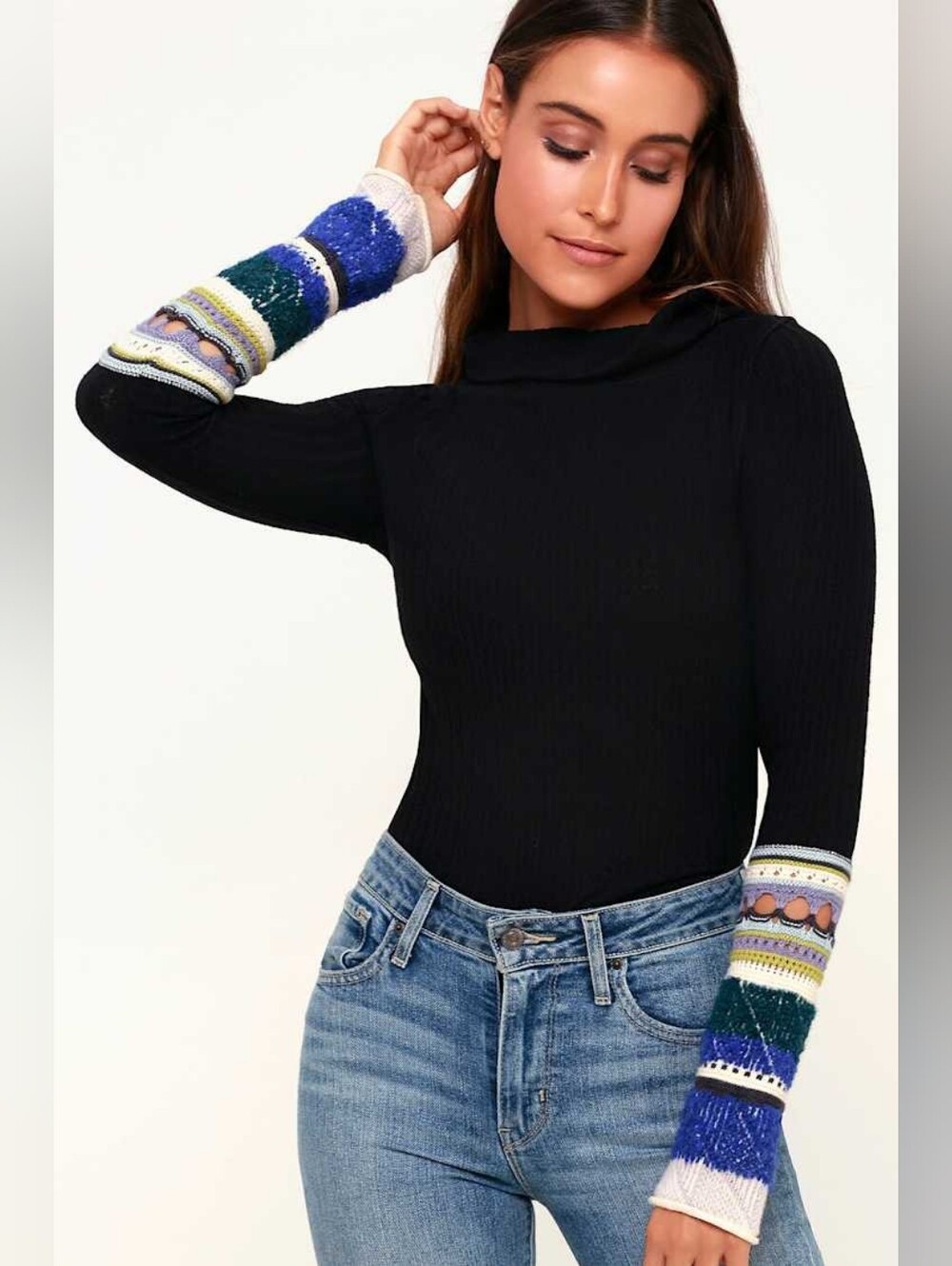 Free People Mixed Up Cuff Black Thermal Long Sleeve Top